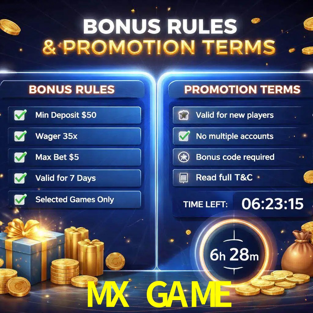 Reglas de promoción MX GAME y condiciones de bonos explicadas visualmente