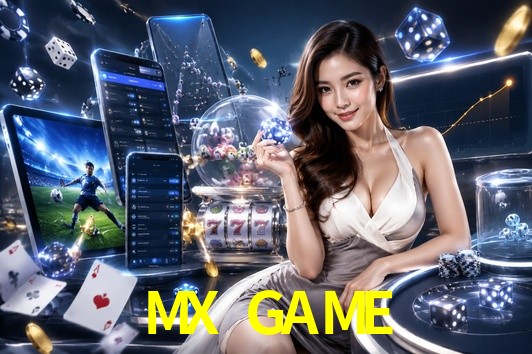 Una escena digital vívida inspirada en casino con MX GAME mostrado prominentemente, luces brillantes, fichas, cartas y acentos dorados.