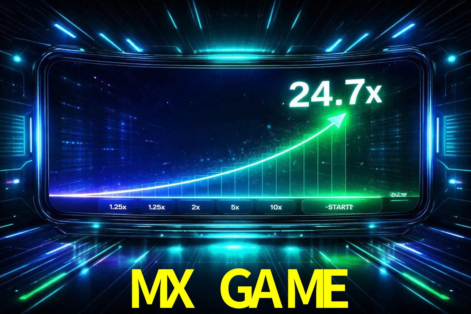 Una pantalla moderna de juego estilo crash con multiplicadores ascendentes, visuales de neón y una interfaz intensa enfocada en la acción.