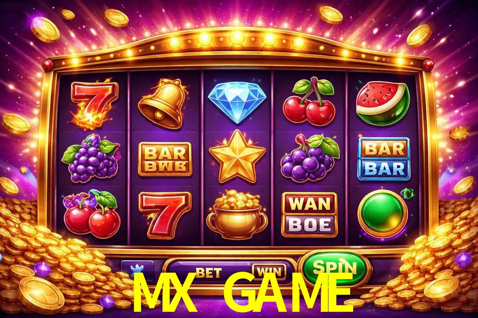 Una interfaz colorida de tragamonedas en línea con símbolos brillantes, monedas y un efecto de victoria celebratoria en MX GAME.