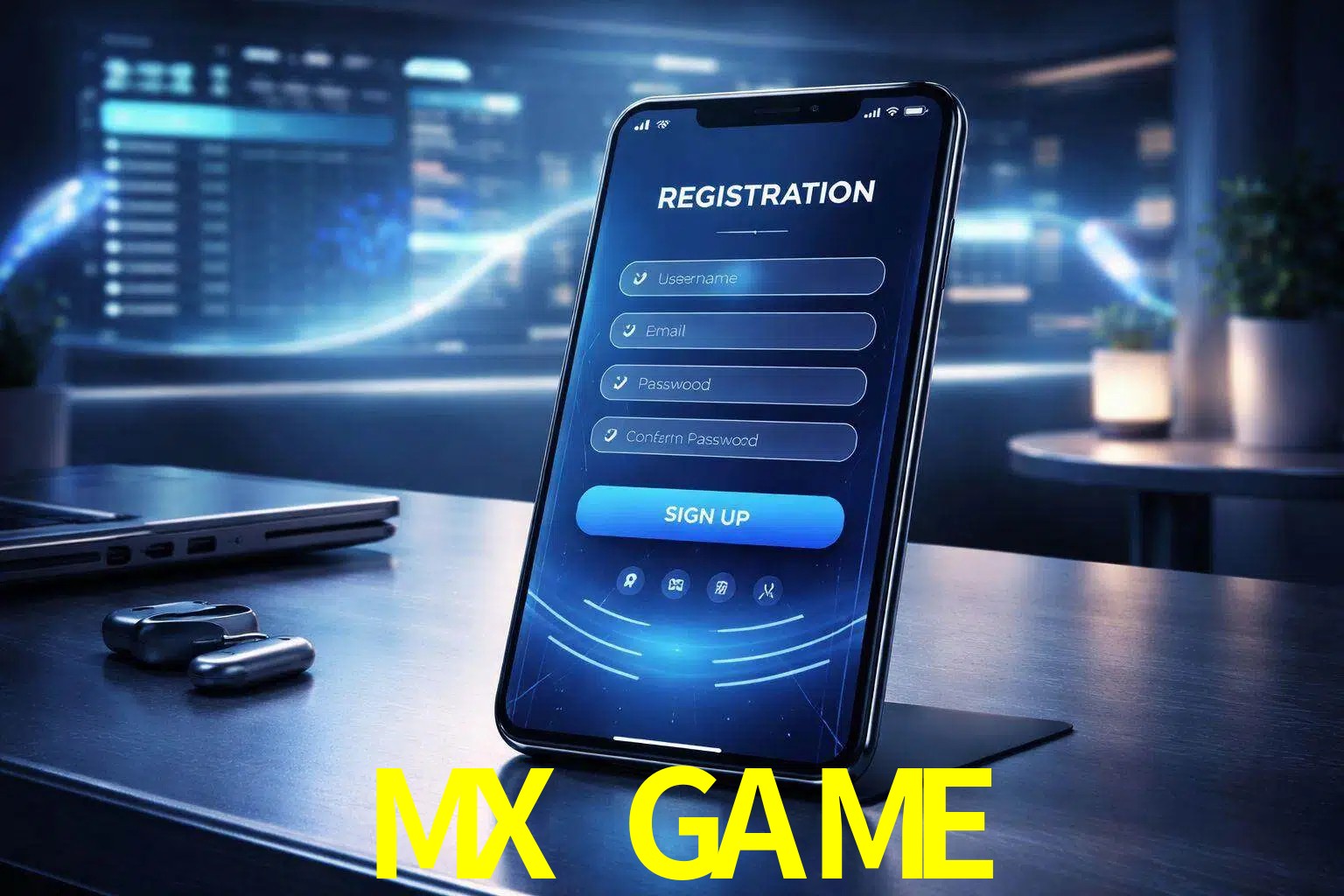 Una interfaz moderna de registro móvil para MX GAME mostrada en un smartphone con un panel de apuestas elegante.